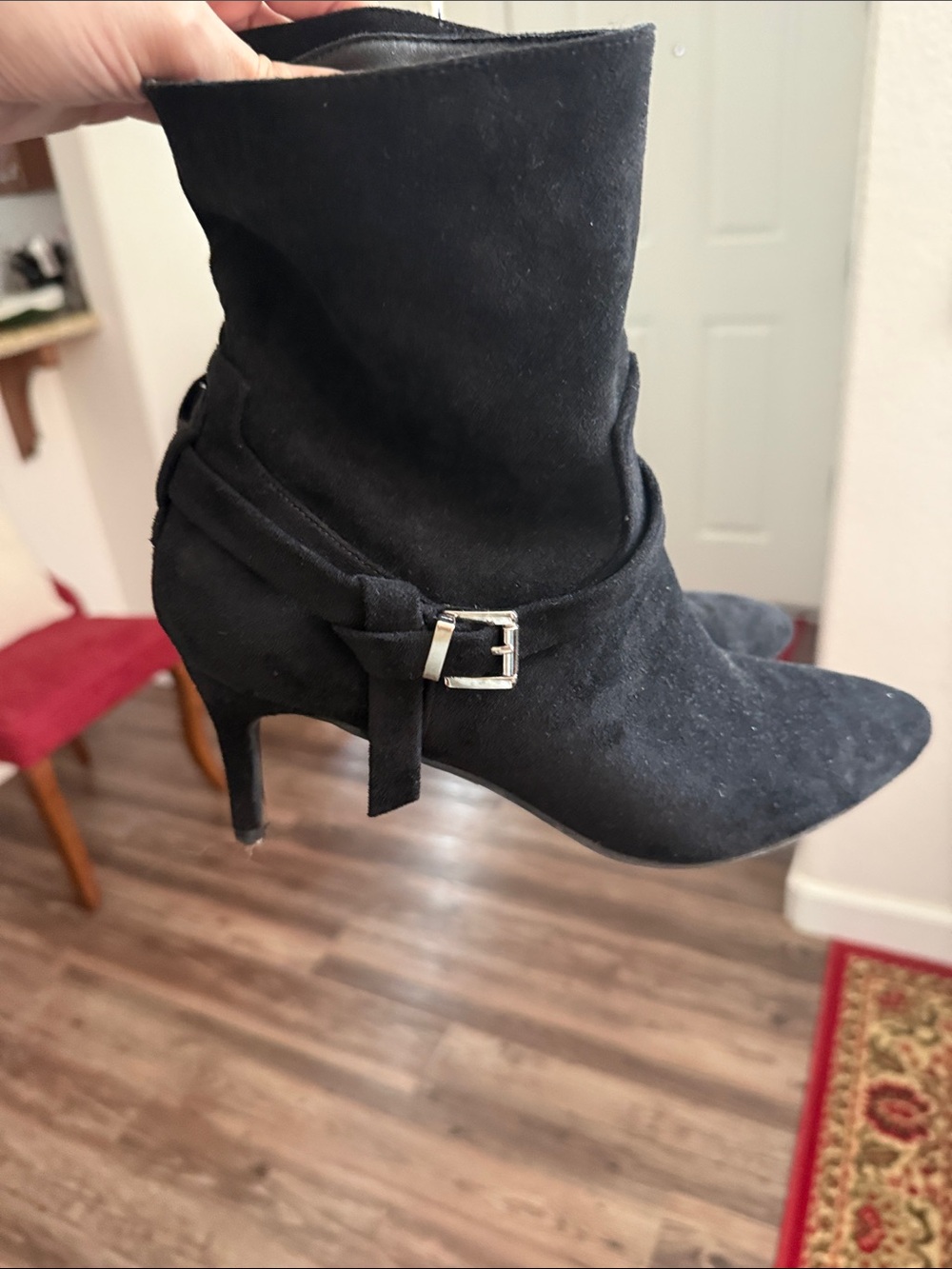Lulu's Black Suede Pointed-Toe Mid-Calf Stiletto Boot with Side Buckle
